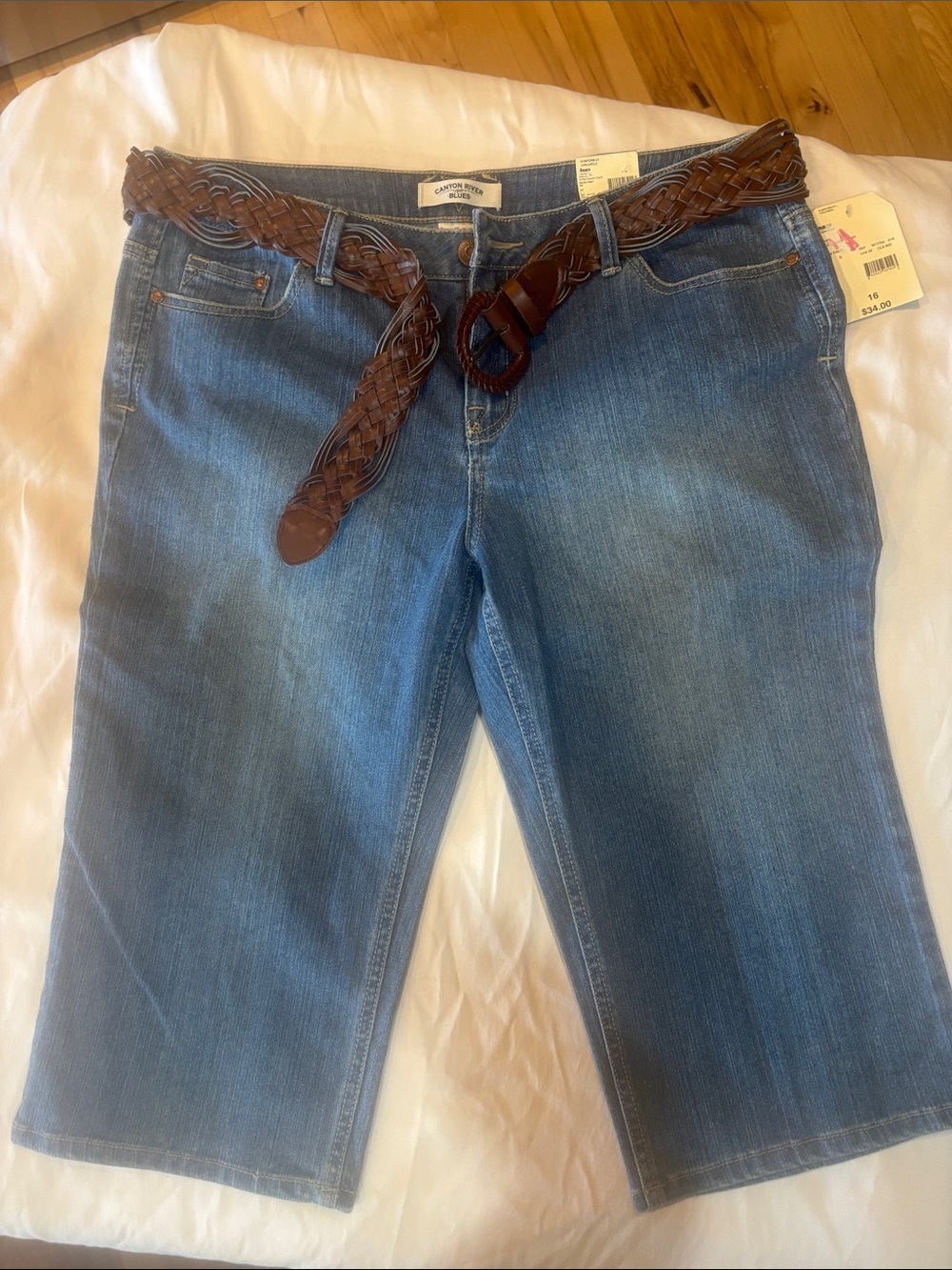 Canyon River Blues Mid-Blue Denim Bermuda Shorts with Brown Braided Belt